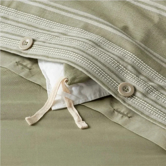 NWOT F/Q Cotton Woven Stripe Duvet Cover & Sham Set Moss Green/White -Thr… - Picture 4 of 6